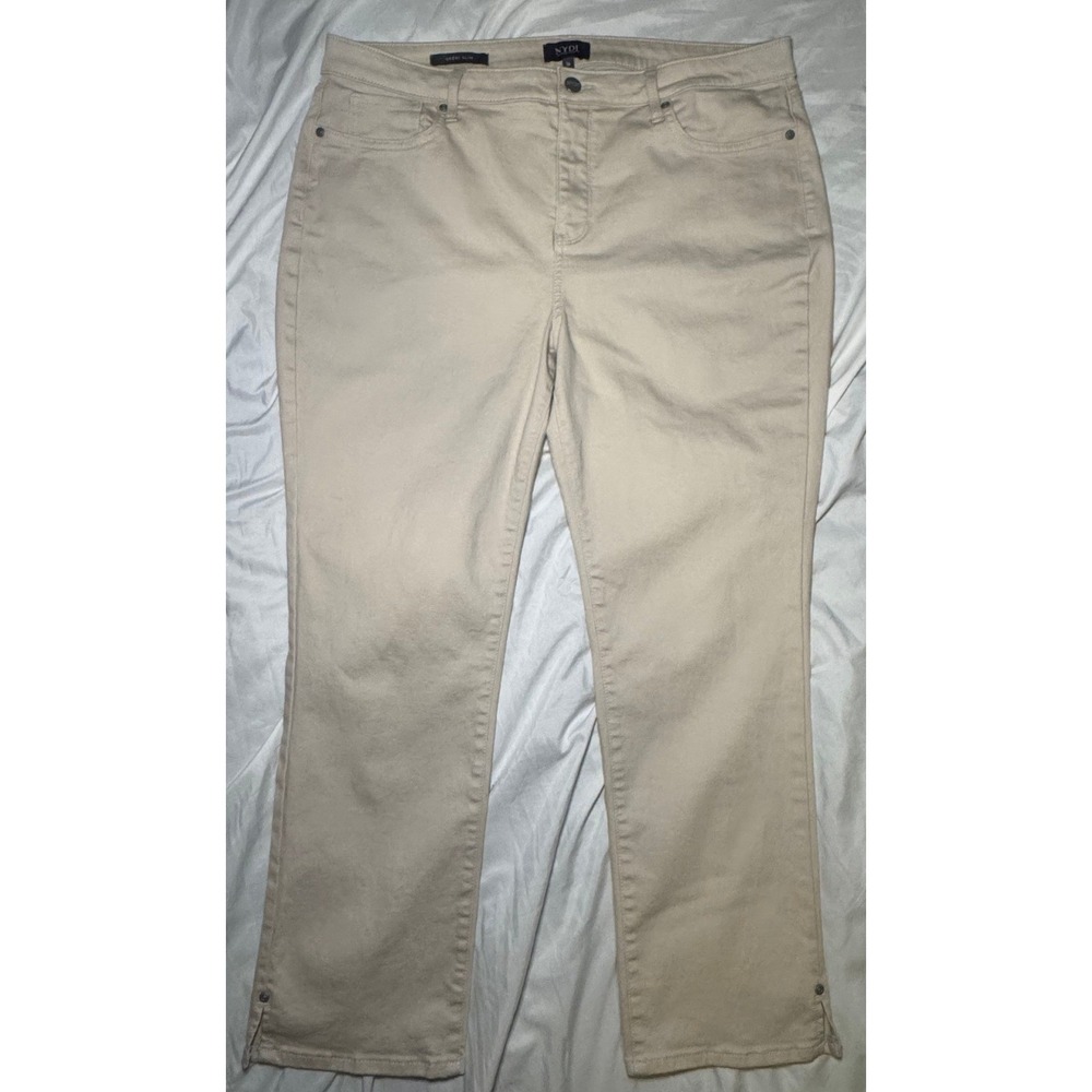 NYDJ Sheri Slim Pants Womens 16‎ Tan Khaki Lift Tuck Stretch Side Slit Hem